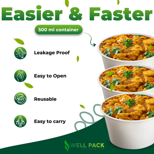 Well Pack Reusable Plastic White Container (500ml) - Food Storage Microwave safe, Freezer safe Containers with transperant Lid for Kitchen, Restaurants, Delivery, Packaging Box