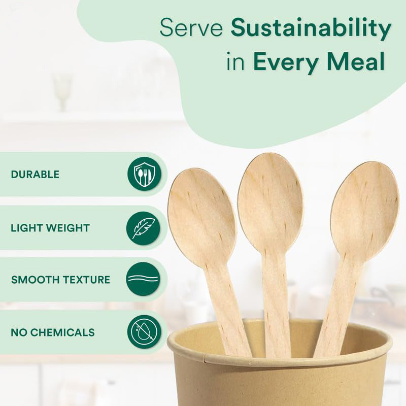 Well Pack Disposable Wooden Spoons 100pcs |100% Biodegradable & Eco-Friendly | Wooden Dining Flatware | Ideal for Kids Birthday, Wedding & Party