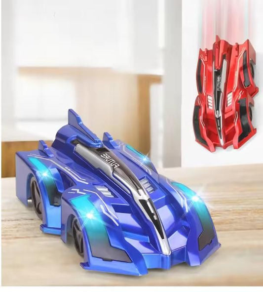 Blue toy car with a red and black mask on a wooden surface