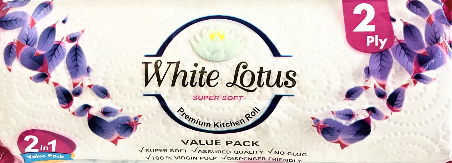 White Lotus 2 Ply Kitchen Paper Roll | Tissue Paper | Towel Paper | Paper Roll - 2 Rolls (100 Pulls Per Roll)