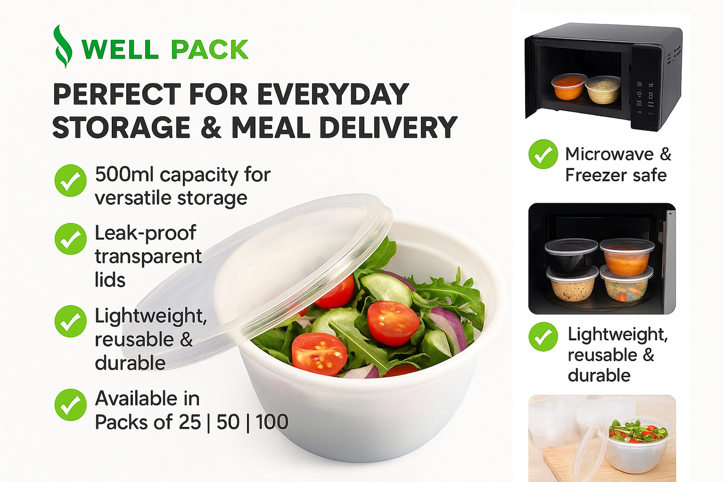 Well Pack Reusable Plastic White Container (500ml) - Food Storage Microwave safe, Freezer safe Containers with transperant Lid for Kitchen, Restaurants, Delivery, Packaging Box