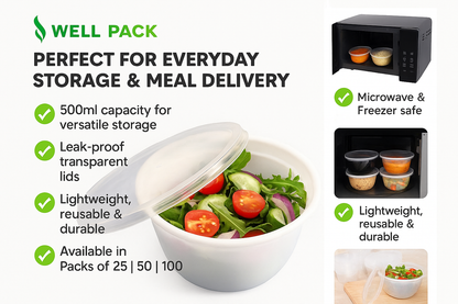 Well Pack Reusable Plastic White Container (500ml) - Food Storage Microwave safe, Freezer safe Containers with transperant Lid for Kitchen, Restaurants, Delivery, Packaging Box