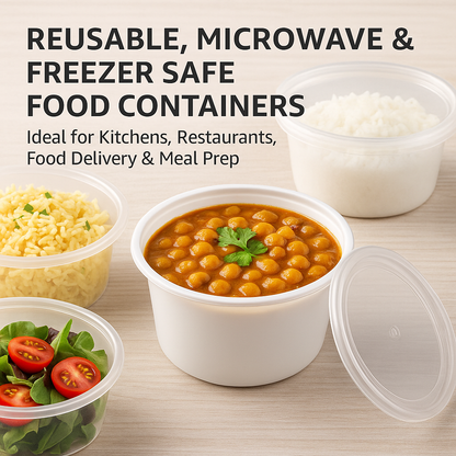 Well Pack Reusable Plastic White Container (500ml) - Food Storage Microwave safe, Freezer safe Containers with transperant Lid for Kitchen, Restaurants, Delivery, Packaging Box
